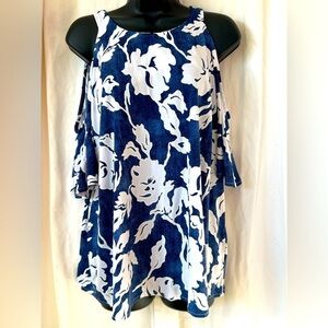 Unbranded Peekaboo Shoulder Blue/Wht Floral Dress Shirt Women's Sz XXL